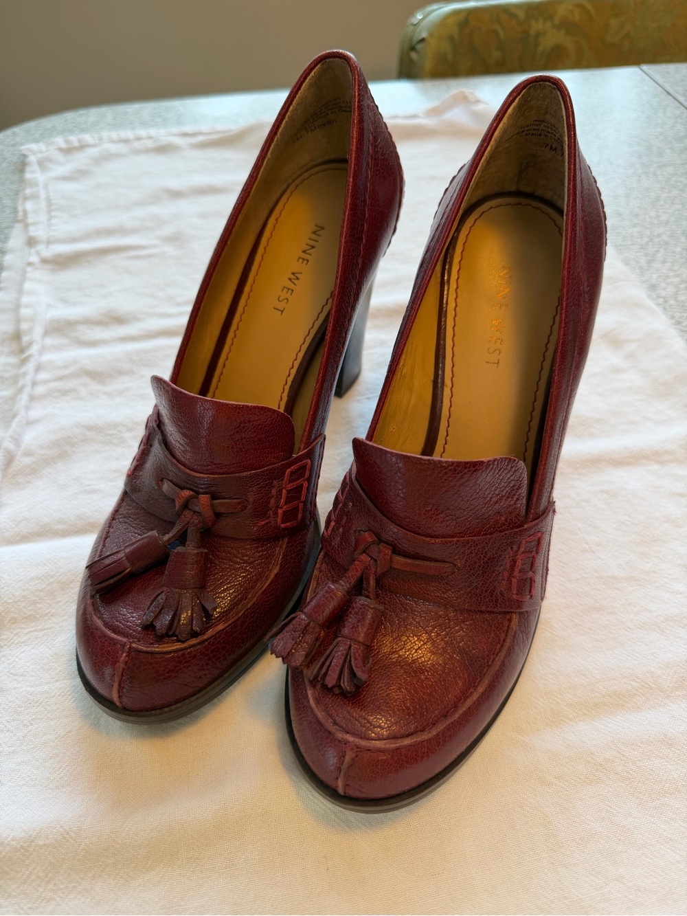 Nine West Burgundy Tassel Loafer Pumps with Block Heel